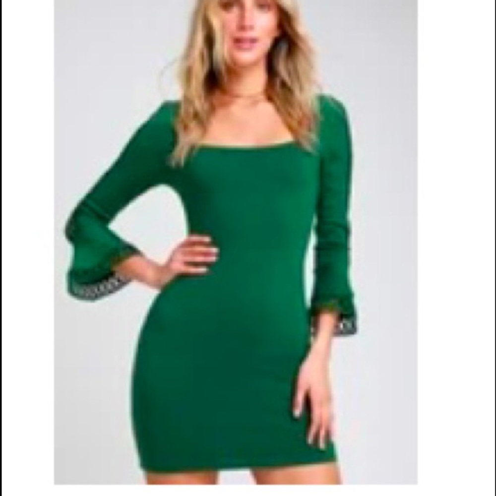 Lulu’s exclusive dress. Charismatic Dark Green Flounce Sleeve Bodycon Mini Dress